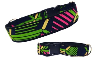 Pink and Green African Print Dog Collar Set with a Flower - Reversible Over The Collar Bandana - Dog Mom Keychain - Dog Collar