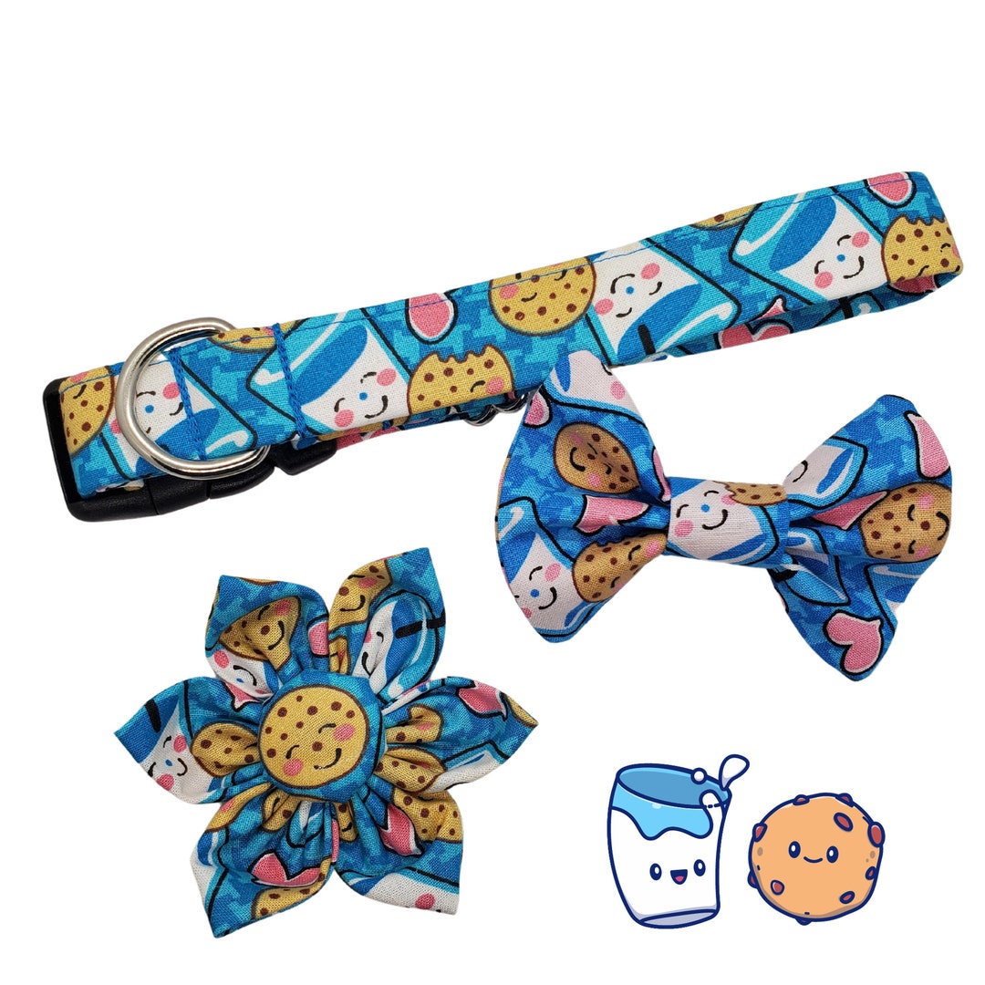 Milk and Chocolate Chip Cookie Dog Collar Slip on or Snap on Bandana Cookie Dog Bow Tie Dog