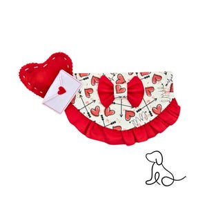 May include: A red and white dog bandana with a heart and arrow pattern and a red bow. The bandana has a ruffled edge.