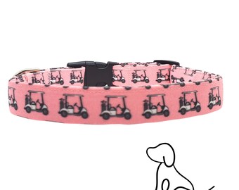 Pink Golf Cart Themed Dog Ensemble - Slip On Dog Bandana - Dog Collar - Dog Bow Tie