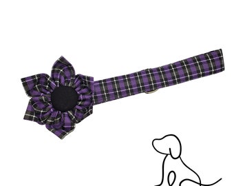 Purple Plaid Dog Collar - Dog Bow Tie - Dog Collar Flower