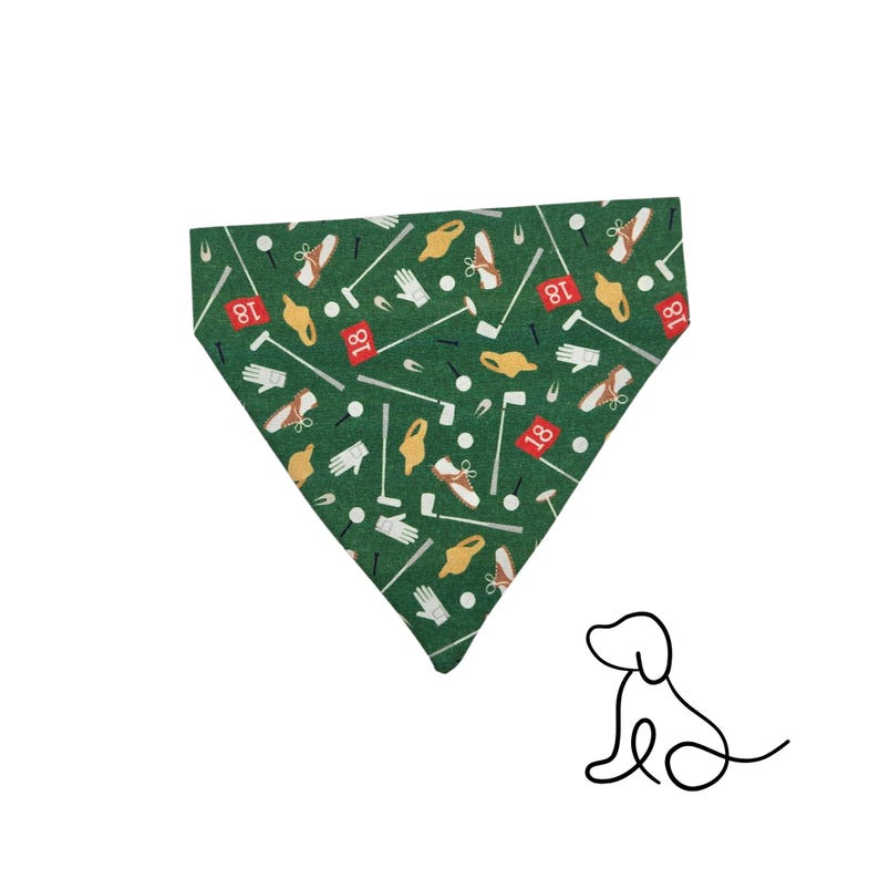 May include: Green dog bandana with a golf-themed pattern. The fabric features golf shoes, golf balls, gloves, golf clubs, and the number 18. The bandana is triangular and designed to be worn around a dog's neck.