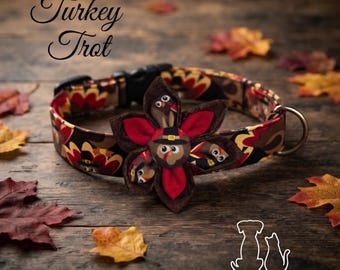 Turkey Trot Dog Collar & Accessories – Fall Thanksgiving Dog Collar with Bow Tie, Sailor Bow Tie, or Dog Collar Flower – Autumn Pet Outfit