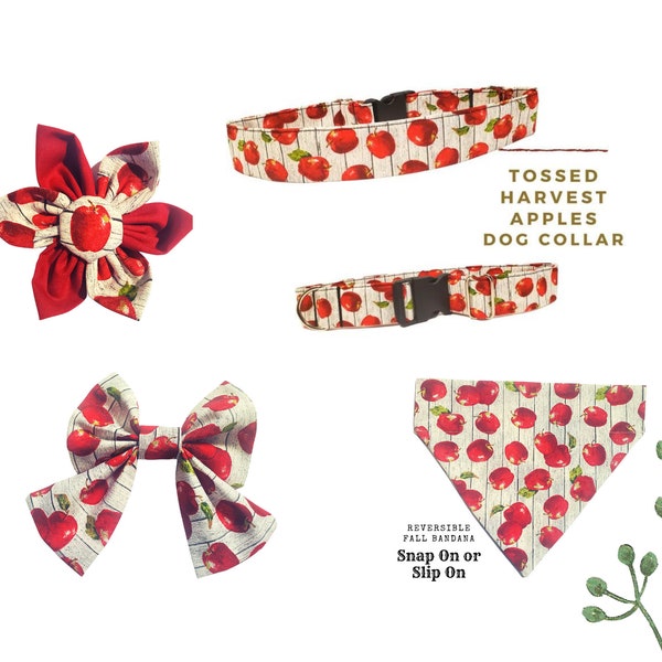 Tossed Apples Dog Bandana - Red Apples Sailor Dog Bow Tie - Fall Apples Dog Collar Set - Dog Collar Flower - Bow Tie