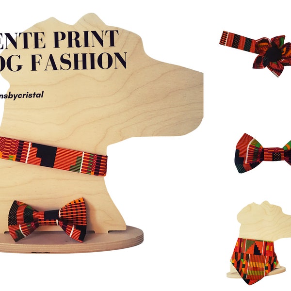 Kente Print Dog Collar Set in Orange, Green and Black with Dog Collar Flower or Bow Tie - Slip On The Collar Kente Dog Bandana