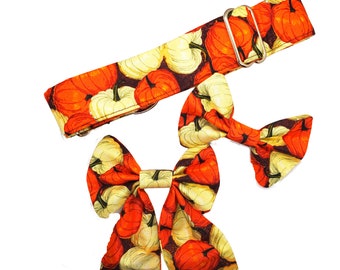 Pumpkin Orchard Dog Collar With Bow Tie or Sailor Style Bow