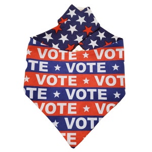 May include: A triangular pet bandana featuring a repeating pattern of horizontal red and blue stripes with white stars and the word VOTE printed in white capital letters across the blue sections. The top section displays a blue field with white stars.