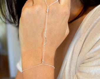 Dainty Silver Hand Ring Bracelet, Sterling Silver Hand Chain, Bar Hand Bracelet, Tube Ring Chain Bracelet, Bridesmaid Gift, Body Jewelry