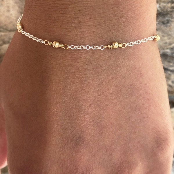 Two Tone satellite gold bead bracelet, Sterling Silver chain link bracelet, Minimalist Dainty Bracelet, Layer Bracelet, Gift for Her, GEHATI