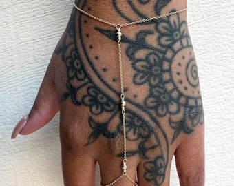 Gold Fill Hand Chain Bracelet, Bead Finger Ring Bracelet