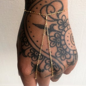 Dainty 14kt Gold Fill Hand Chain Bracelet, Hand Chain Ring, Gold Ring Bracelet, Finger Bracelet, Beaded Hand Bracelet, Boho Jewelry, GEHATI