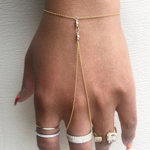 Gold Dainty Hand Chain, Bead Ring Bracelet, Finger Bracelet, Hand Bracelet, Attach Ring Chain Bracelet, Hand Jewelry, Free Shipping, GEHATI