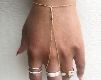 Gold Hand Chain Bracelet with Bead Ring, Dainty Hand Jewelry