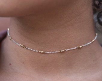 Sterling Silver Ball Choker Necklace, Gold Filled Accents