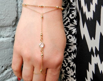 Gold Hand Chain, Hand Ring Bracelet, Gold Crystal Chain Bracelet, Attach Ring Bracelet, Bridesmaid Gift, Hand Jewelry, Body Jewelry