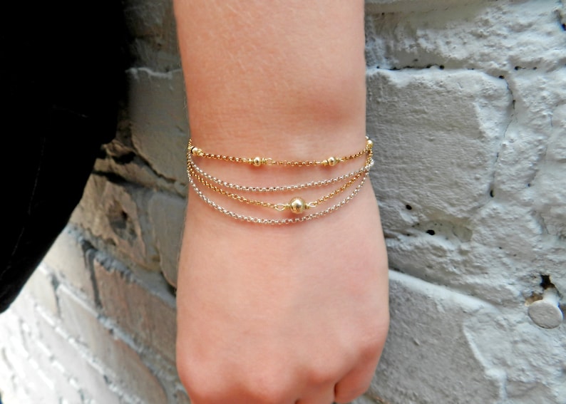 Dainty Bracelet Chain Set, Sterling Silver Bracelet, Two Tone Stacking Bracelet, Dainty Simple Link Bracelet, Hand Jewelry, Gift For Her image 1
