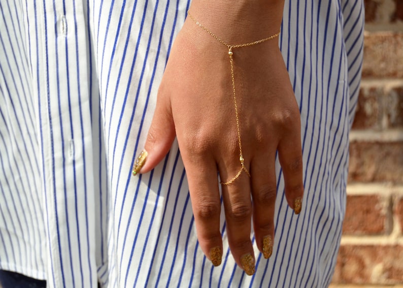 14kt Gold Fill Hand Chain Bracelet, Dainty Minimalist Bracelet, Sterling Silver Ring Attach Bracelet, Ring Bracelet, Layer Bracelet, GEHATI image 1