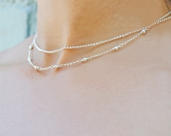 Sterling Silver Layered Necklace Set, Simple Minimalist Bead Necklace, Wire Wrap Chain Necklace, Boho Jewelry, Bridesmaid Gift, Holiday Gift