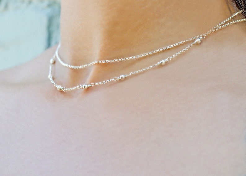 Sterling Silver Layered Necklace Set, Simple Minimalist Bead Necklace, Wire Wrap Chain Necklace, Boho Jewelry, Bridesmaid Gift, Holiday Gift image 1