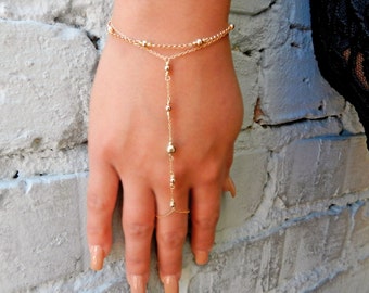 Gold Hand Chain, Dainty Hand Jewelry, Finger Ring Bracelet, Ring Chain Bracelet, Hand Bracelet, Gold Bead Bracelet, Christmas Gift, GEHATI