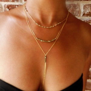 Gold Layer Necklace Set, Bar Necklace, Minimalist Boho Jewelry, Delicate Simple Tassel Necklace, Dainty Gold Necklace, Holiday Gift
