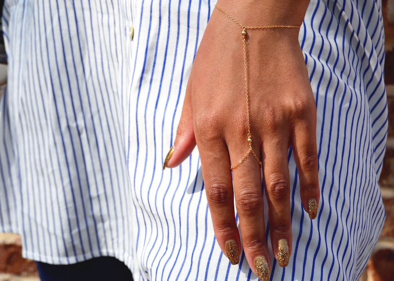 14kt Gold Fill Hand Chain Bracelet, Dainty Minimalist Bracelet, Sterling Silver Ring Attach Bracelet, Ring Bracelet, Layer Bracelet, GEHATI image 2