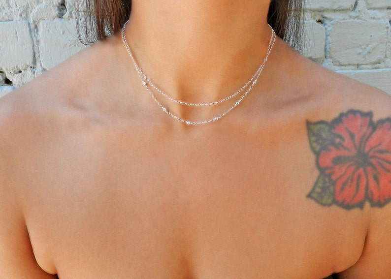Sterling Silver Layered Necklace Set, Simple Minimalist Bead Necklace, Wire Wrap Chain Necklace, Boho Jewelry, Bridesmaid Gift, Holiday Gift image 2
