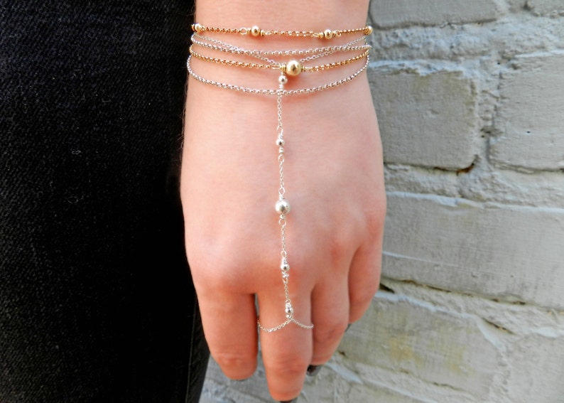 Dainty Bracelet Chain Set, Sterling Silver Bracelet, Two Tone Stacking Bracelet, Dainty Simple Link Bracelet, Hand Jewelry, Gift For Her image 2