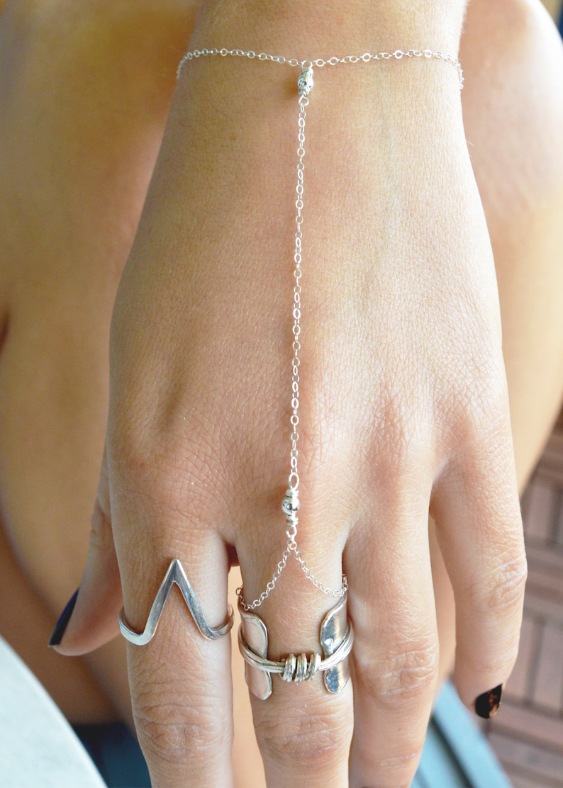 Silver Hand Chain Bracelet, Sterling Silver Hand Bracelet, Finger Ring Chain Bracelet, Dainty Boho Bracelet, Chain Link Bracelet, GEHATI image 2