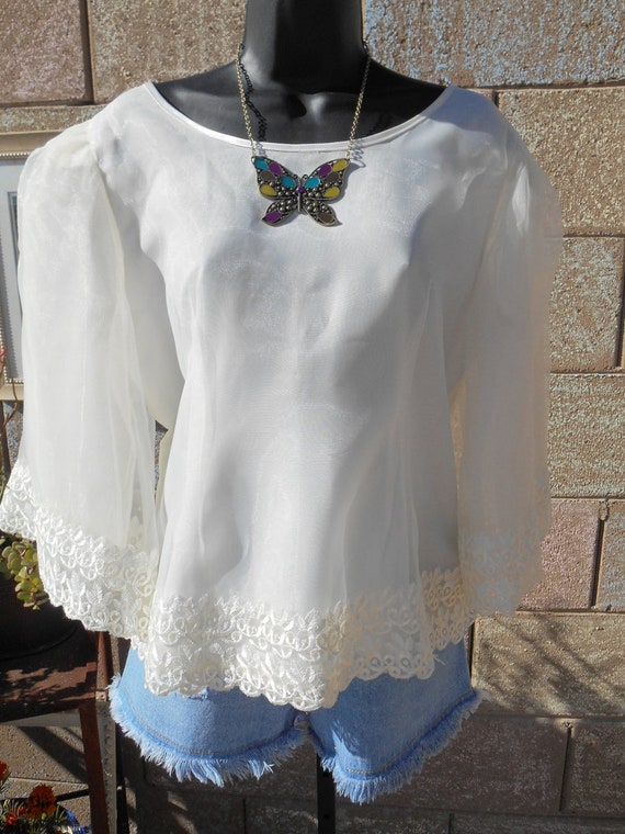 80s, 90s,Raffaella, Sheer, Blouse with Embroiderd 