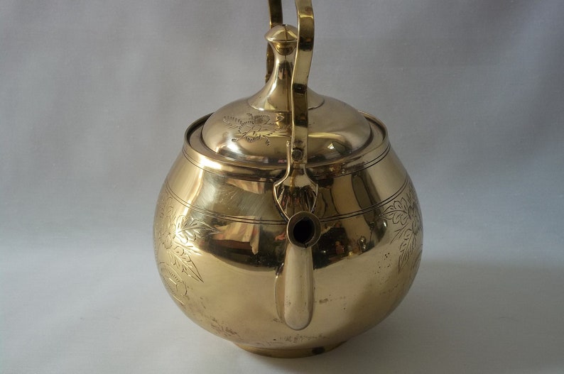 Kettle With Lid And Handle Cottage Decor Vintage Etched Brass Tea Pot Vintage Coffee Pot Farmhouse Decor