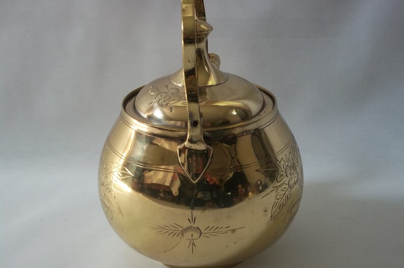 Kettle With Lid And Handle Cottage Decor Vintage Etched Brass Tea Pot Vintage Coffee Pot Farmhouse Decor