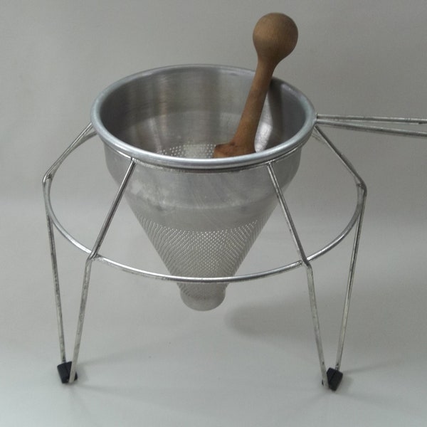 Vintage Metal Aluminum Cone Strainer/Colander, Pedestal/Stand with Wooden Masher/Pestel, Homesteading Equipment, Canning