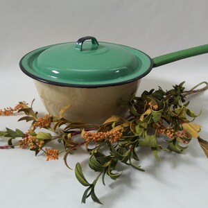 May include: A vintage-style, cream-colored saucepan with a green lid and handle. The pot has a black trim and a black handle on the lid. A sprig of faux greenery with orange accents is placed near the pot.