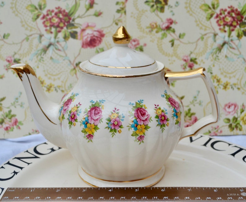 Sadler Teapot Pumpkin Shape Teapot Cream Body Floral Border Etsy
