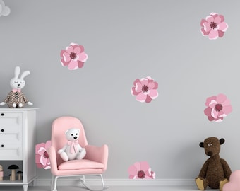 Soft pink flower wall decals for girl's room, nursery, playroom, bedroom, office, living room. Soft muted colors. Set of 22, mixed sizes.