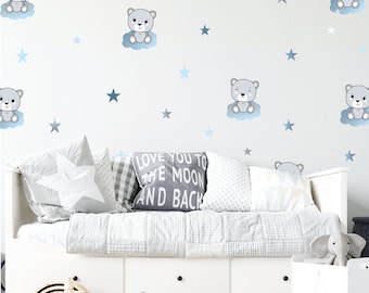 Sleeping Bears on Clouds Wall Decals for playroom, kids room, nursery | Smiling pink and blue bears with stars wallpaper | Peel & Stick