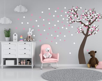 Tree Wall Decal, Cherry Blossom Tree Wall Decal, Large Blowing Flowers Wall Mural Stickers Nursery Decor Nature Wall Tattoo
