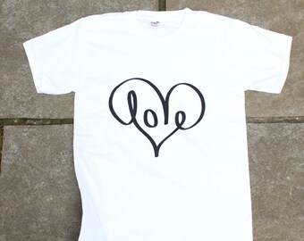 LOVE // Screen printed white T-shirt, handmade uk