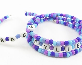 Blue / Purple   Name Bracelet - Personalized Memory Wire Wrap Bracelets - Custom Gift for Girls or Teens