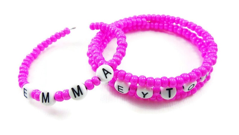 Hot Pink   Name Bracelet - Personalized Memory Wire Wrap Bracelets - Gifts for Girls or Teens 