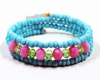 Beaded Wrap Bracelets, Blue & Pink Girls Memory Wire Bracelet, Dinosaur Charmed Bracelet, Holiday or Birthday Gift Ideas