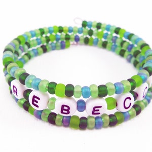 Kid&#39;s Green   Name Bracelet - Personalized Memory Wire Wrap Jewelry