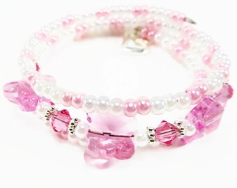 Pink Butterfly Wrap Beaded Memory Wire Bracelet -  Kid's Jewelry Gifts for Girls or Teens