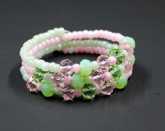 Pink and Green Beaded Wrap Bracelet, Fun Enameled Charm Jewelry, Memory Wire Bracelets, Girls or Tweens fun Jewelry, Great Holiday Gift Idea