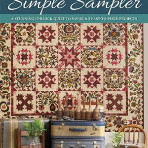 May include: A book titled Simple Sampler by Kim Diehl featuring a 17-block quilt pattern on the cover. The quilt displays a repeating grid of red, green, and cream floral and star motifs, with a decorative border of vines and flowers.