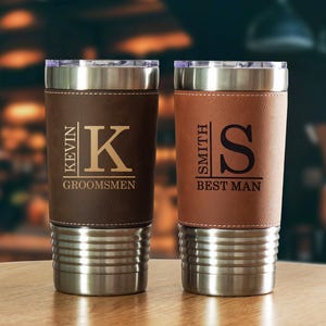 Vasos personalizados, vasos de cuero grabados, regalo para padrinos de boda, taza térmica personalizada de 590 ml, taza de viaje, regalo para campamento 25041901