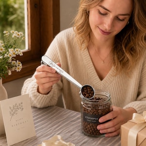 May include: A silver metal coffee scoop with a floral engraving and the name Sharon, held over a clear glass jar filled with dark roasted coffee beans. The jar features a black label with the text Ethiopia Single Origin printed in white.