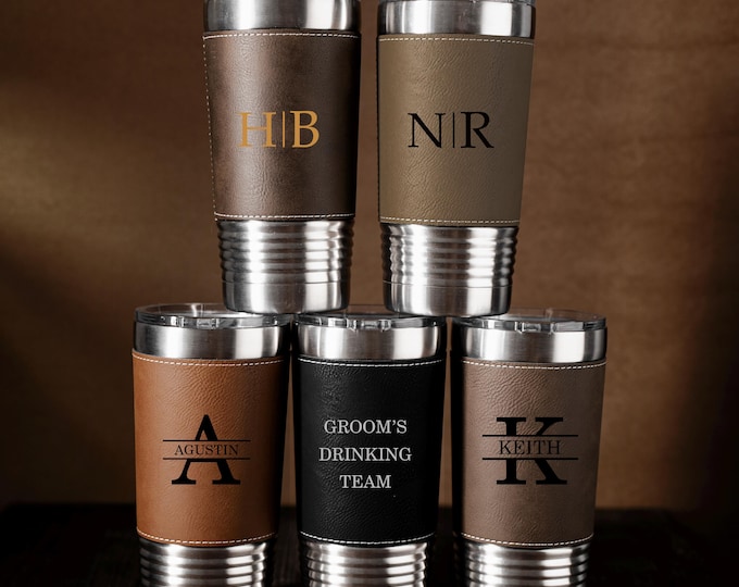 Personalized Tumblers and Mugs, Bachelor Party Gift, Groomsman Coffee Mug, Monogrammed Gift for Men, 20oz Insulated Leather Tumbler 25062001