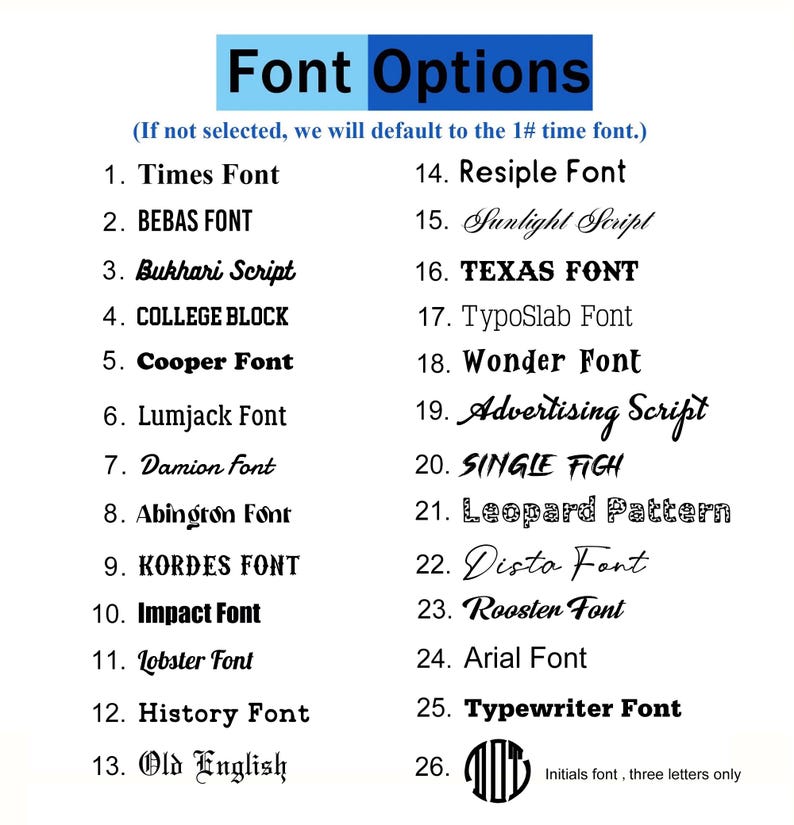 May include: A list of 26 font options for text design, with examples of each font style. The title "Font Options" is in a blue and white banner. The list includes Times Font, Bebas Font, Bukhari Script, and more.